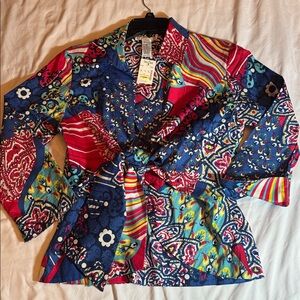 NEW Mischa Blouse Wrap Knot Tie Blouse Art colorful Size L 3/4 sleeve MSRP $124